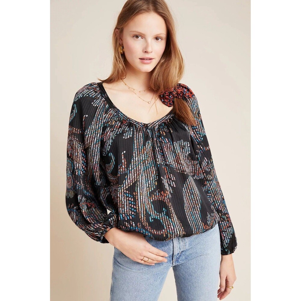 ANTHROPOLOGIE MAEVE Womens Top Blouse XS Madeira Velvet Burnout Satin Multicolor